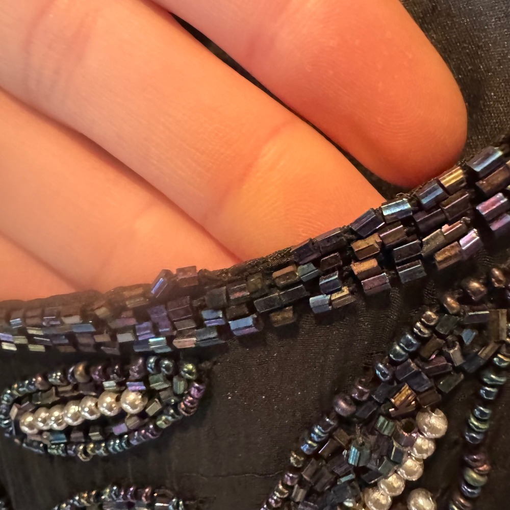Vintage Beaded Whimsigoth Silk Maxi Dress Black Silver Iridescent Formal Gown - Picture 5 of 16